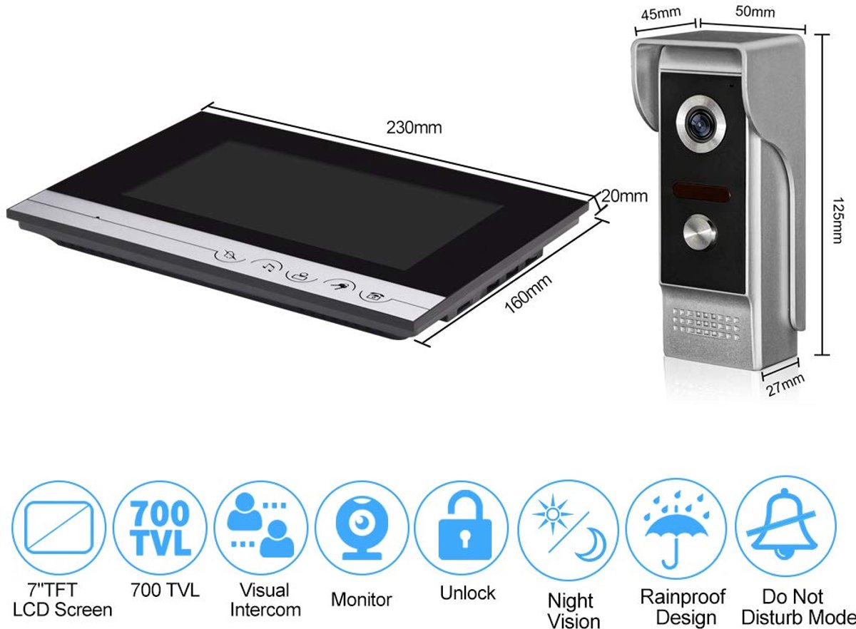 SnelShoppen - HFeng Video-intercomsysteem met 2 monitoren, 7 inch helder display, videotelefoon met camera, nachtzicht tot 100 meter voor thuisgebruik