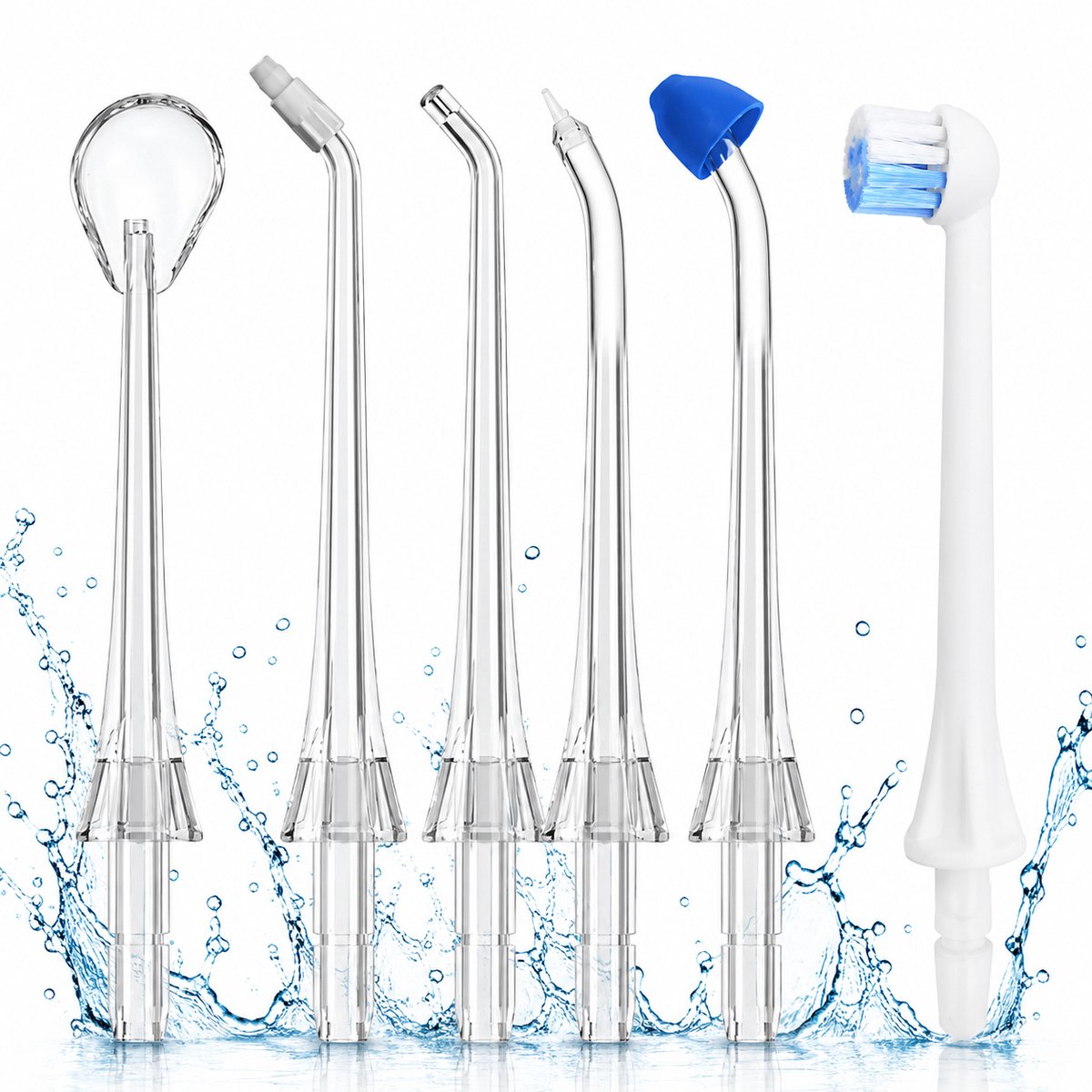 Dentect Opzetstukken Waterflosser – 6-in-1 Set – Inclusief Tongreiniger, Orthodontische Tip, Parodontale Tip, Opzetborstel & Precisietips – Compatibel met Dentect Waterflossers