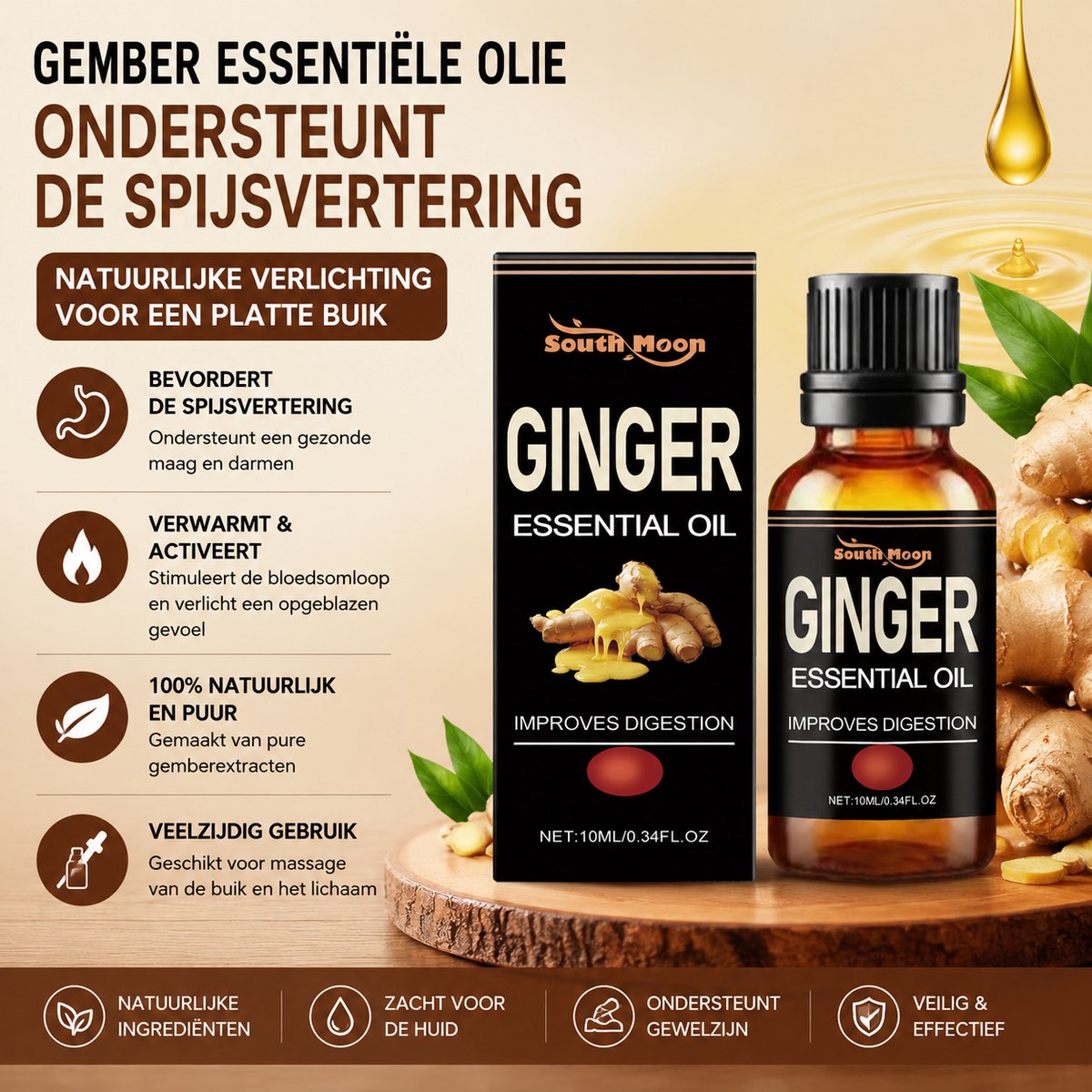 South Moon Beauty - Ginger Oil voor Buikverzorging - Natuurlijke Formule, Spijsvertering Ondersteunen - Voor Massage & Wellness - Alle Huidtypes - 10ml