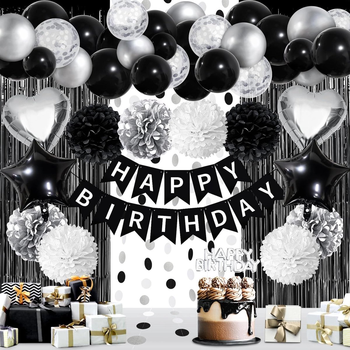 Verjaardagsfeestdecoratie, zwart-wit, Happy Birthday-banner met tissuepapier, pompon, bloemenballon voor verjaardag, feestdecoraties