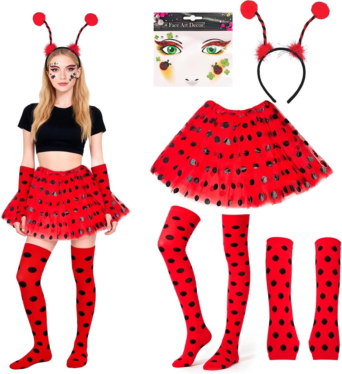 Lieveheersbeestjeskostuum voor dames, carnavalskostuums voor dames, lieveheersbeestje, ladybug kostuum met ballerina-tutu, haarband, gezichtstattoo, handschoenen, overknee-kousen, kostuum ladybug voor