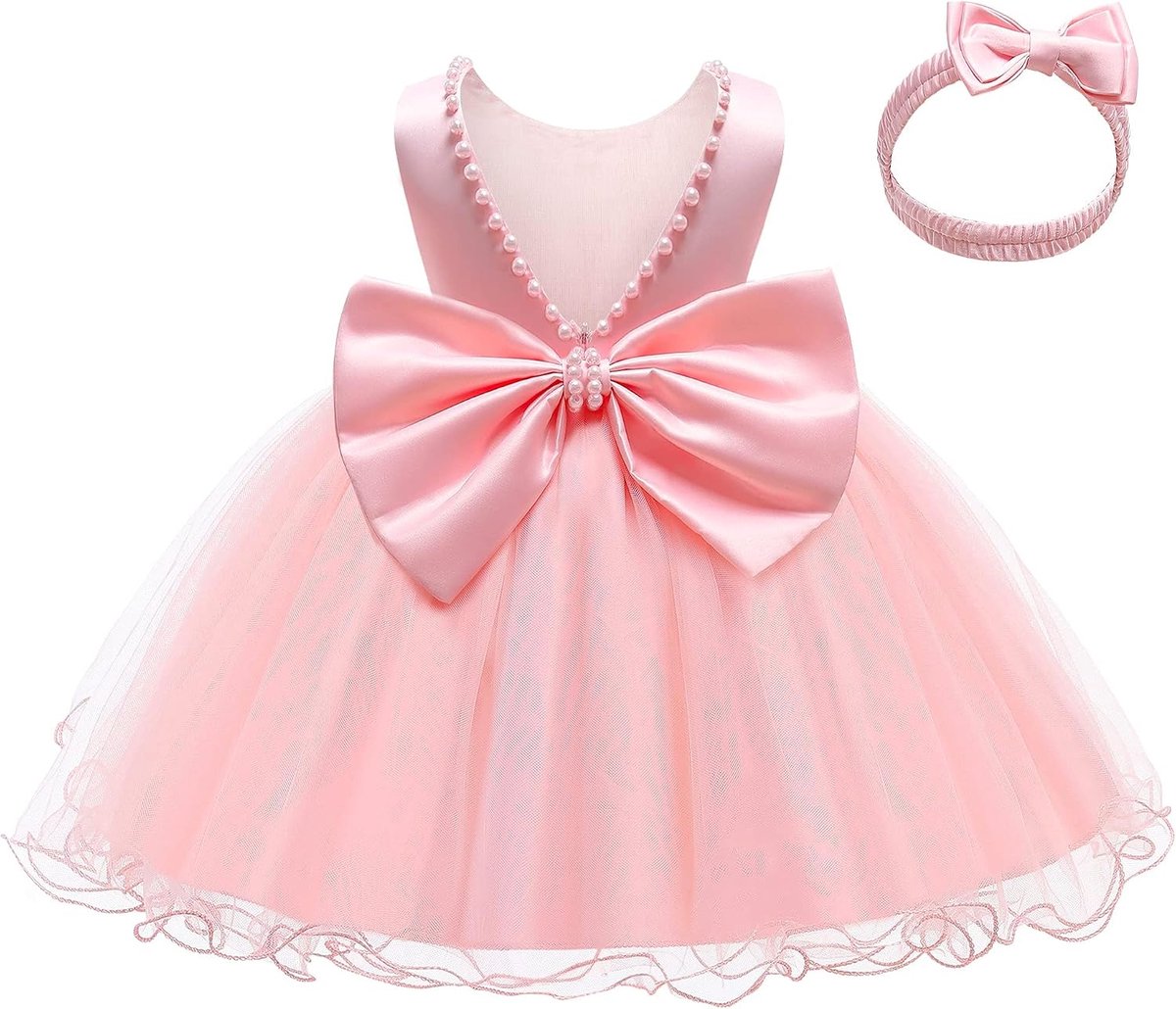 Babyjurk, meisjes, ruches, kant, backless met hoofdband, strik, bloemenjurk, schoonheidwedstrijd, party, bruiloft, 0-24 maanden