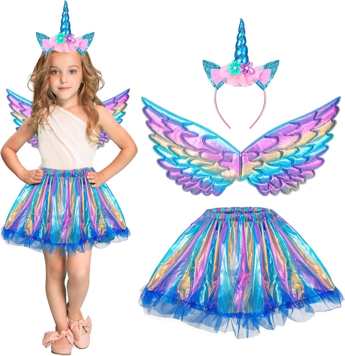 Eenhoornkostuum, prinsessenset, 3 stuks, regenboog, tutu, rok, meisjeskostuum, tule rok, eenhoorn, haarband, vleugels, voor meisjes, unicorn, cosplay, kinderverjaardag, carnaval