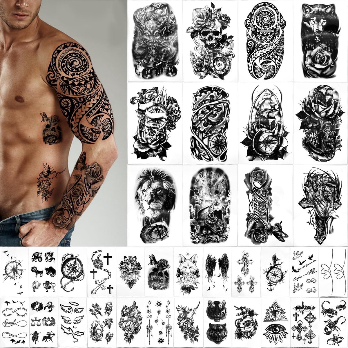 Tijdelijke Tatoeages Stickers, 12 Vellen nep Lichaam Arm Borst Schouder Tatoeages Voor Mannen of Vrouwen Met 24 Vellen Kleine Zwarte Tijdelijke Tatoeages
