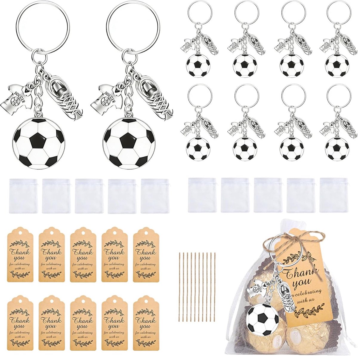 10 stuks voetbalschoenen sleutelhangers met etiket, henneptouw, eugen draadzak, sleutelhanger, organza-cadeau voor evenementen, gastgeschenken