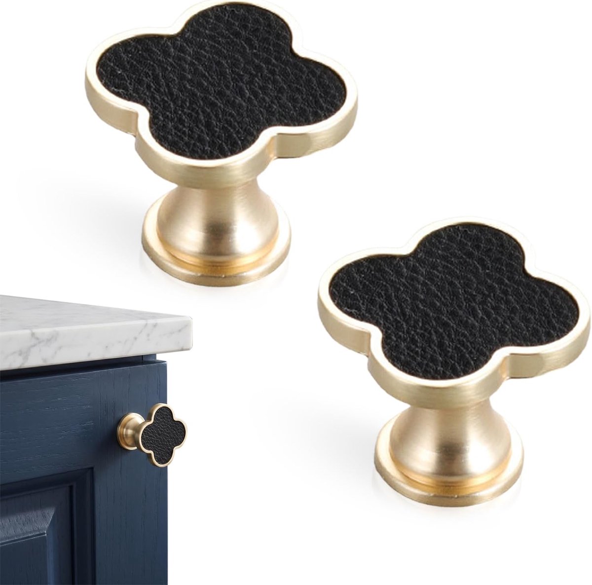 2 stuks ladeknoppen vintage, klaverblad lederlook, meubelknoppen met schroeven, geschikt voor kast en commode