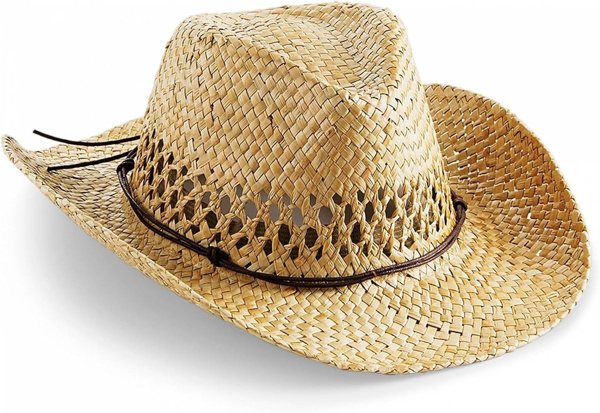 noTrash2003 Heren, uniseks, handgemaakte cowboyhoed, strohoed, zomerhoed, westernhoed in één maat, met zweetband en leren hoed, beige