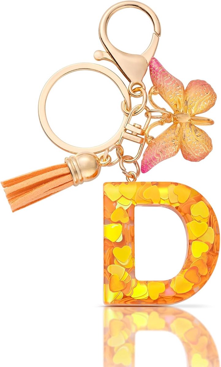 Sleutelhanger met letter D cadeaus voor meisjes oranje vlinder initialen | Vlinder lettersleutelhanger met beginletter voor vrouwen en dames, glinsterend accessoire en cadeau.