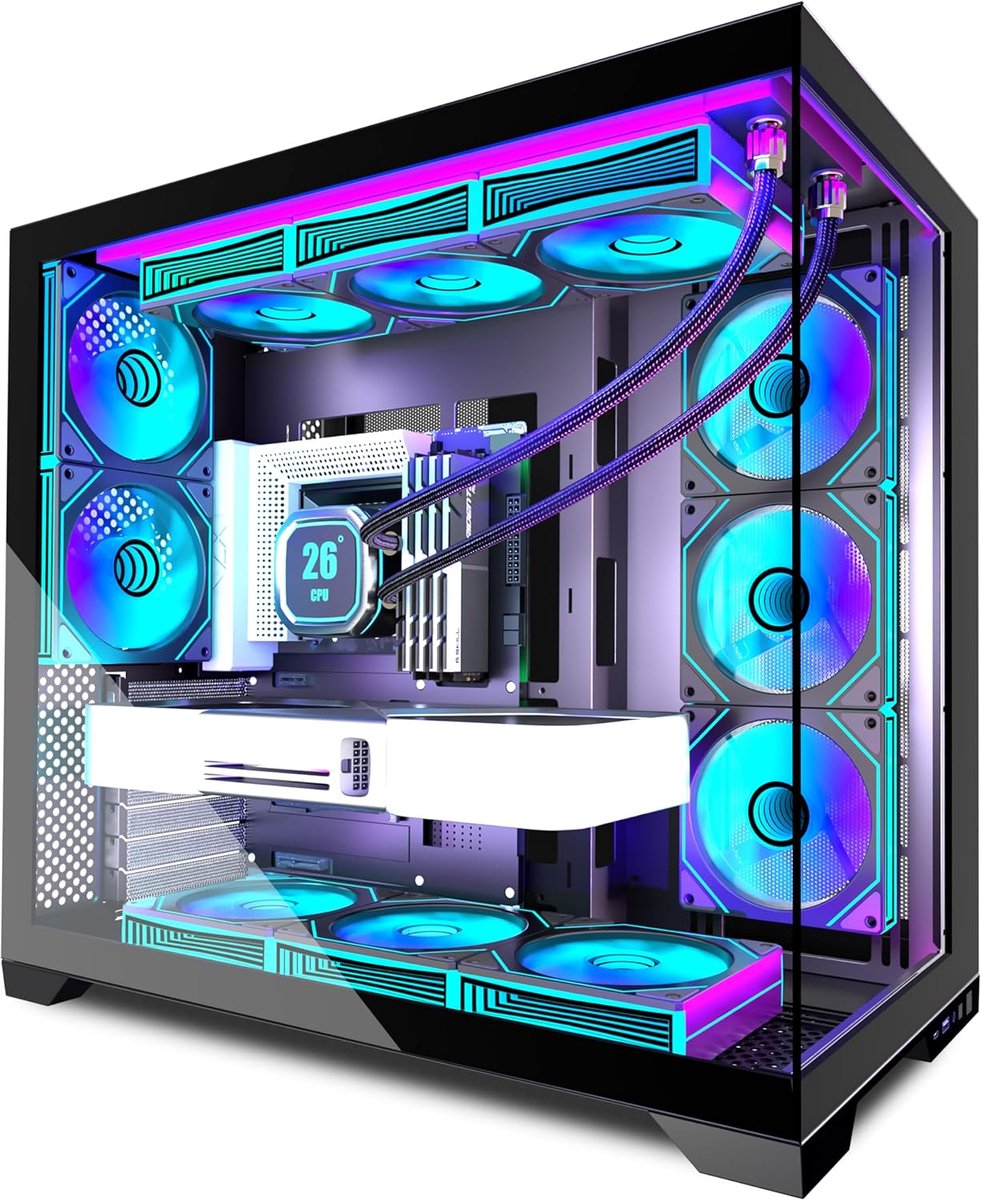 PC ATX-kast, 9 PWM ARGB-ventilatoren voorgeïnstalleerd, Type-C 270° volledig zicht op gehard glas Mid Tower Pure ATX computerkast, 360MM RAD-bevestiging, zwart,H9