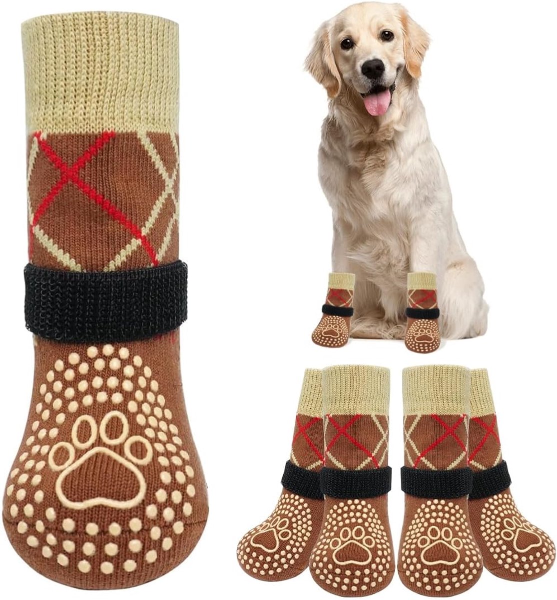 4 stuks antislip hondensokken, antislip, pootbescherming hond waterdicht met verstelbare riem en dubbelzijdige siliconen, antislipsokken hond, L