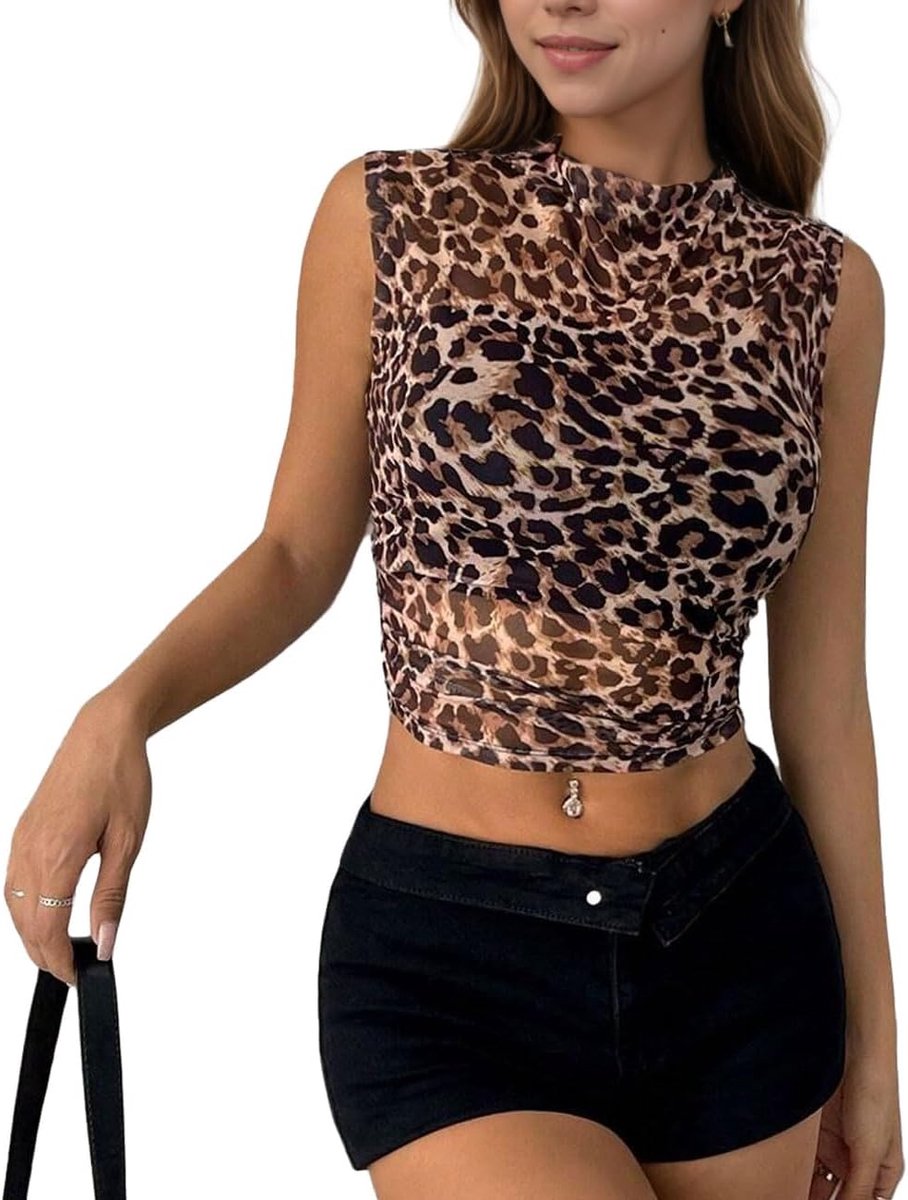 dames crop top tanktop Y2K zomer mouwloos luipaardprint buikvrije tops halve halslijn stretchstof sexy slim fit strakke top feest vrijetijdsplissé vest clubwear bruin S