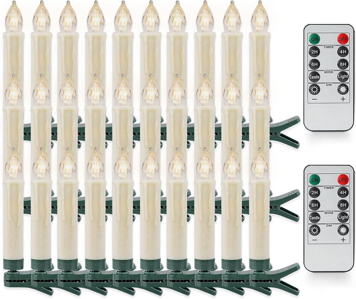 Set van 30 clip-on kaarsen voor kerstboom met 2 afstandsbedieningen, op batterijen werkende LED kaarslichten met timer, wasdruppelend ontwerp, voor binnen en buiten gebruik