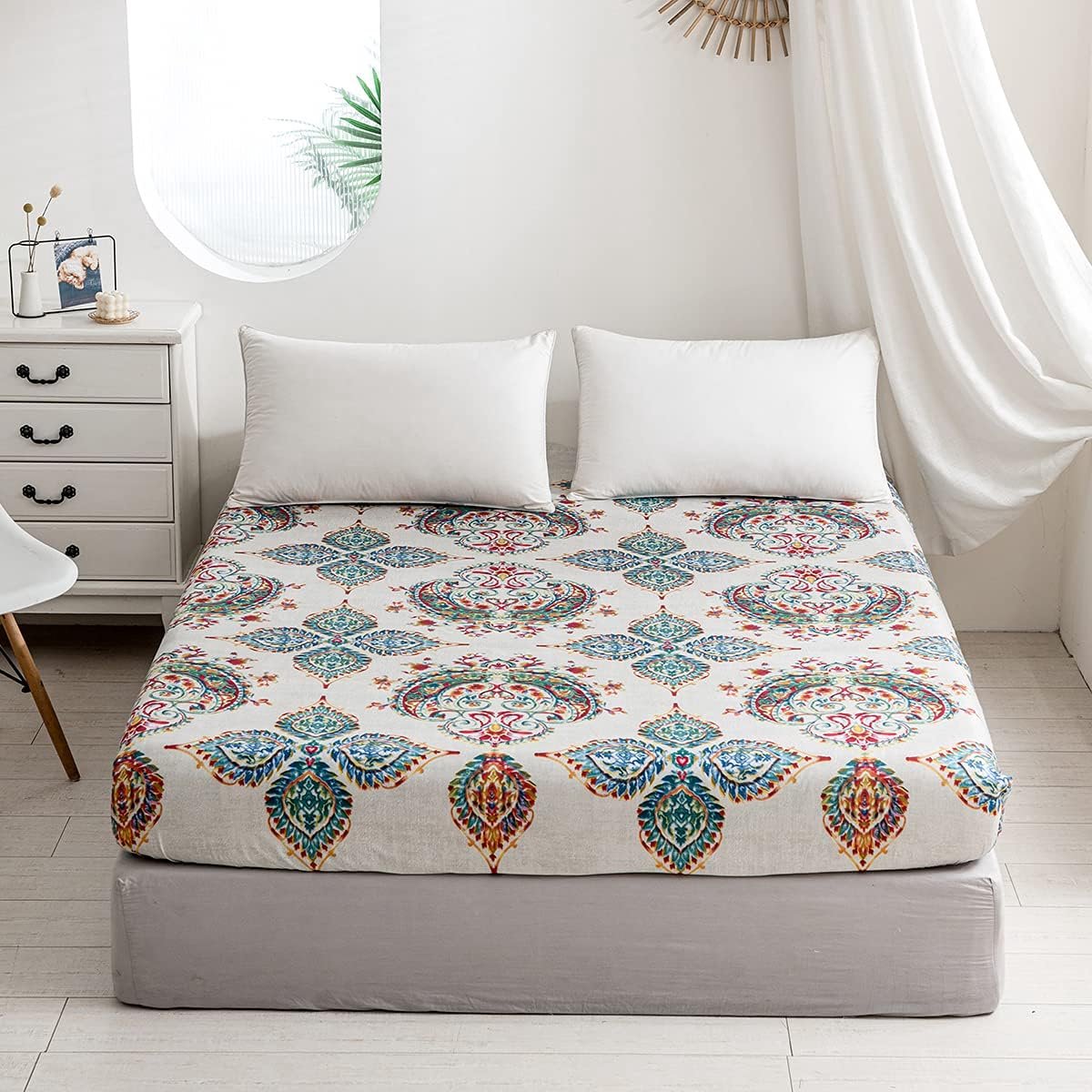 Hoeslaken, boheems, 200 x 200 cm, bohemian, Indiaas mandala, zachte microvezel, boxspring bedlaken, geschikt voor matrassen van 30 cm