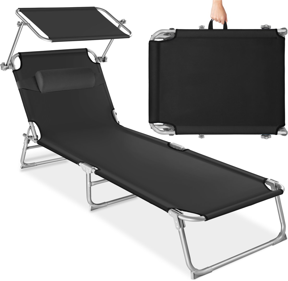 Bol.com tectake® Ligstoel met Zonnescherm - Opvouwbaar Ligbed - Zonnebed met Verstelbare Rugleuning in 4 Standen - Inclusief Hoo... aanbieding