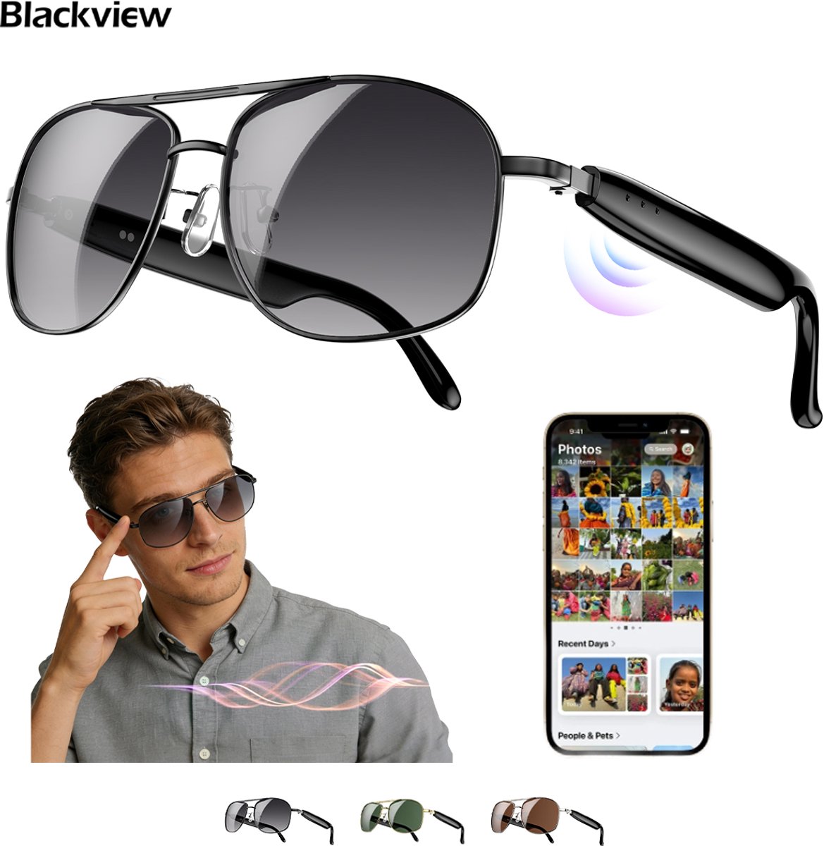 Blackview D1 Pro - Metalen Bluetooth Audiozonnebril - Open-ear 360° Ruimtelijk Surroundgeluid Bluetooth 6.0 - Ruisonderdrukkende Microfoon Touch Spraakassistent UV-bescherming - IP54 Dubbele 105mAh Accu Magnetisch Opladen Zwart