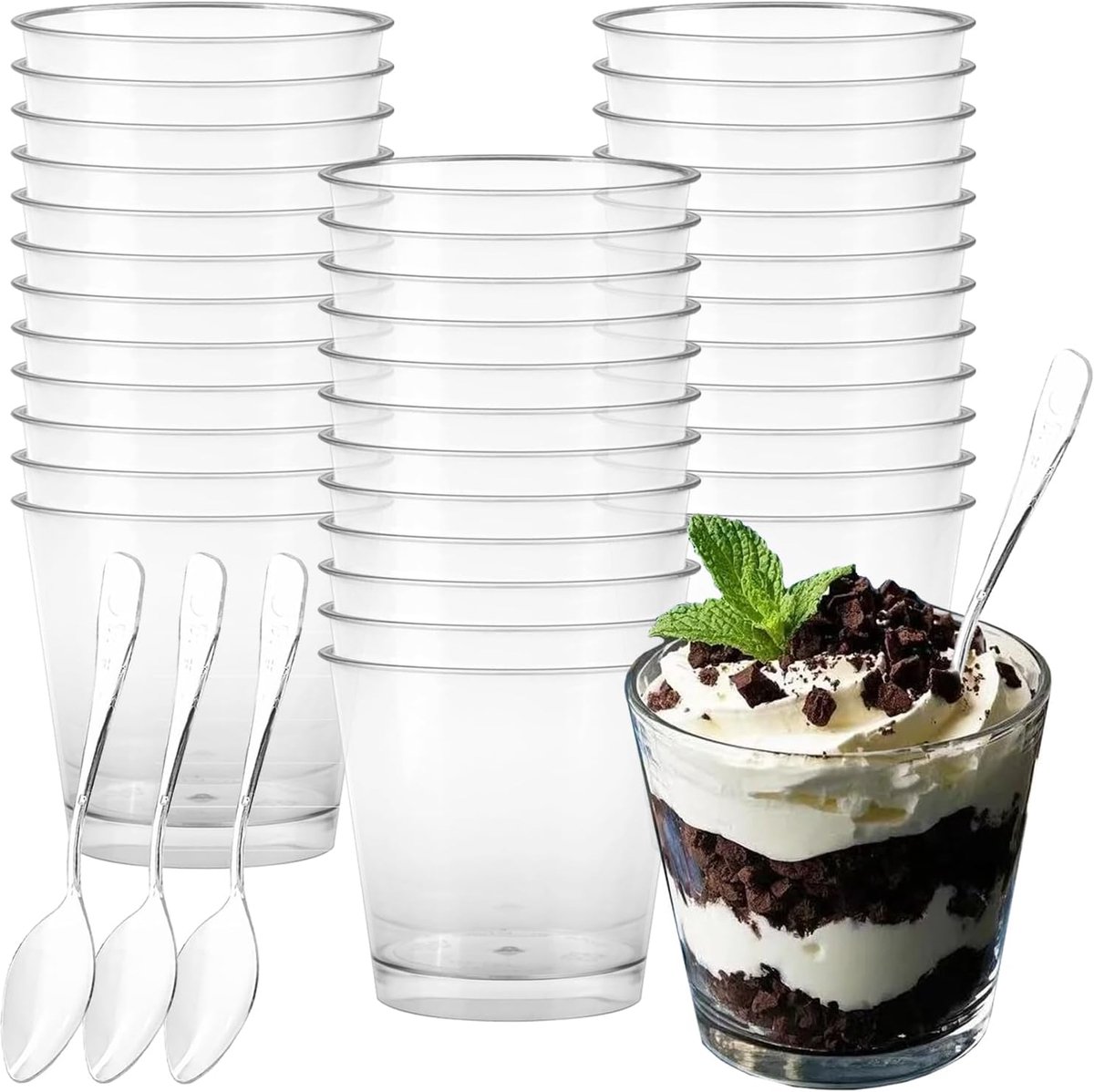 50 stuks dessertbekers met 50 stuks lepels, 200 ml dessertbekers, heldere dessertkommen, herbruikbare dessertkopjes, ronde bekers voor thuis, desserts, pudding, mousse, ijs, yoghurt, party