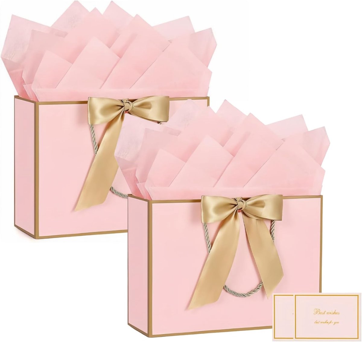 Set van 2 geschenktasjes voor dames, roze cadeautasje met band, 28 x 20 x 10 cm + cadeaupapier + kaartengeschenkdoos, verjaardag, Moederdag, cadeau dames