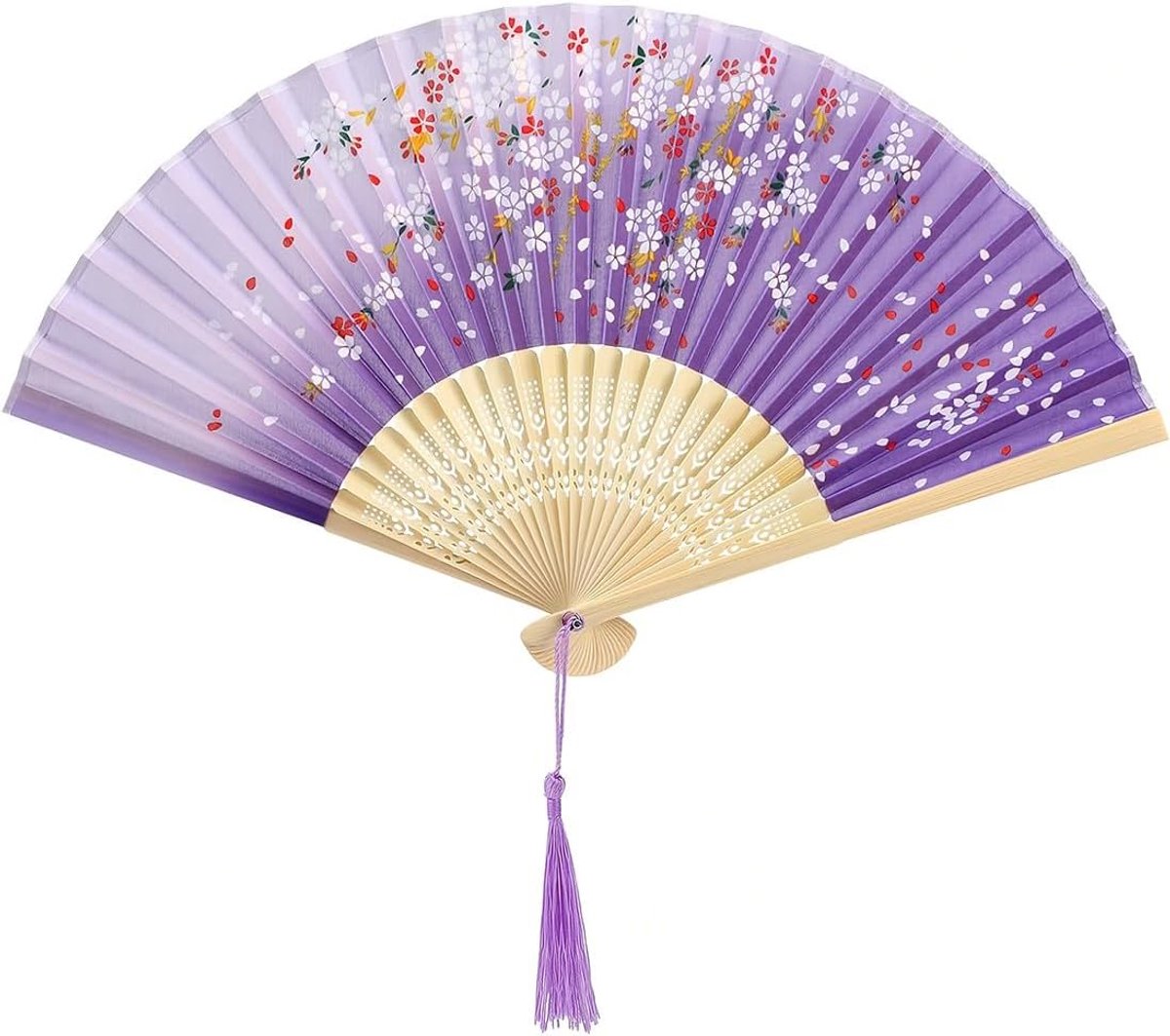 1 x opvouwbare handwaaier van bamboe met kwasten van paarse zijde, ideaal als cadeau voor feestjes en bruiloften, als wanddecoratie of draagbaar voor dames