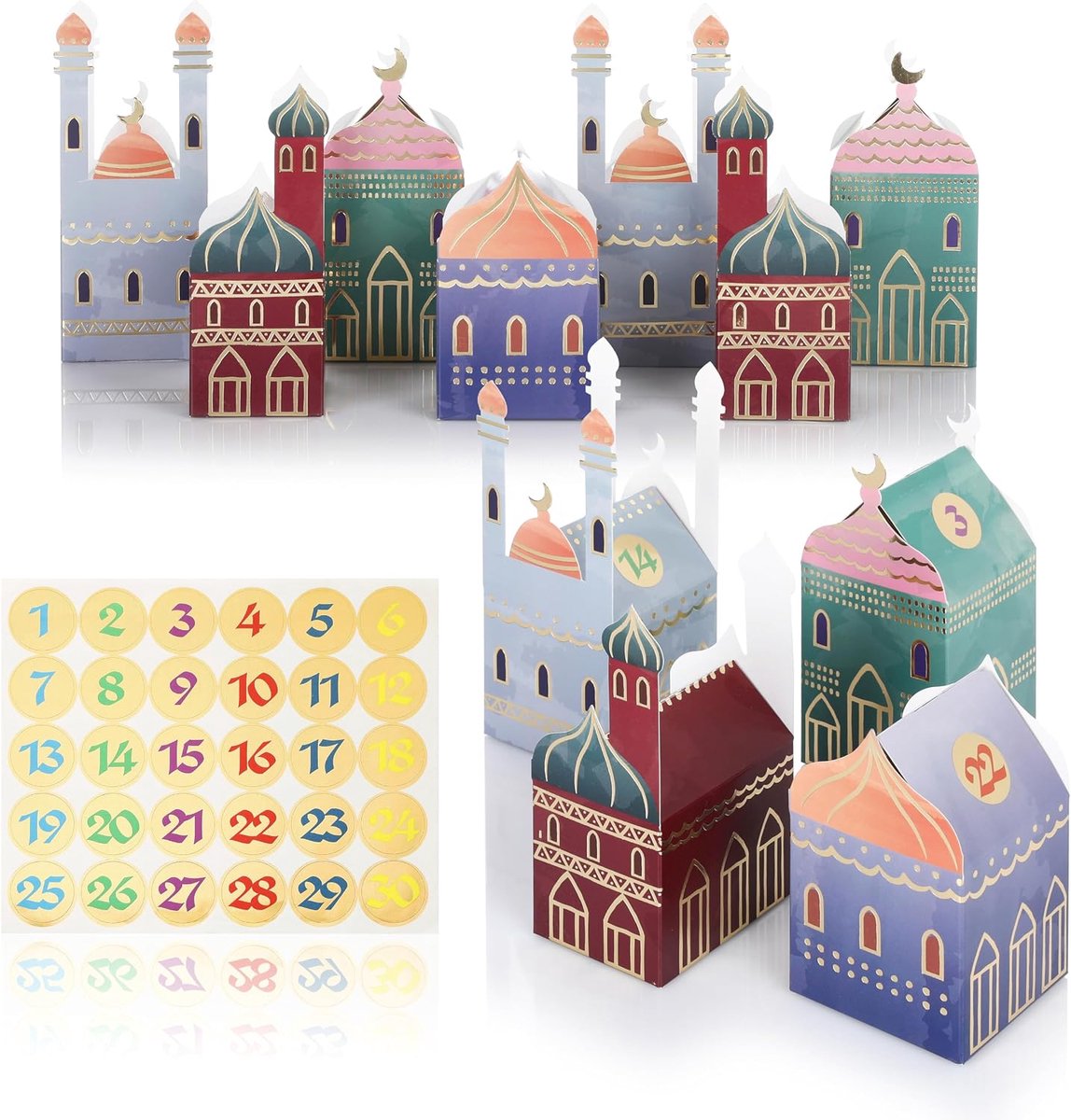 Ramadan-kalender, dozen, 30 kleurrijke huizen met stickers om neer te zetten en te decoreren, herbruikbare Eid Mubarak geschenkdoosjes om te vullen, voor kinderen en volwassenen