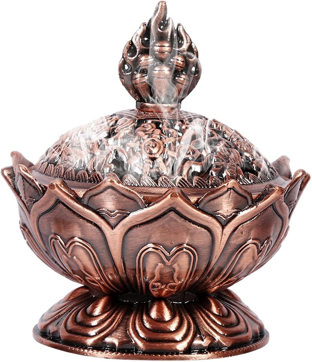Wierookbrander Bowl, Lotus Wierookhouder Vintage Houtskool Wierookvat Ash Catcher voor Poeder Kegel of Coil Wierook (Rood Brons)