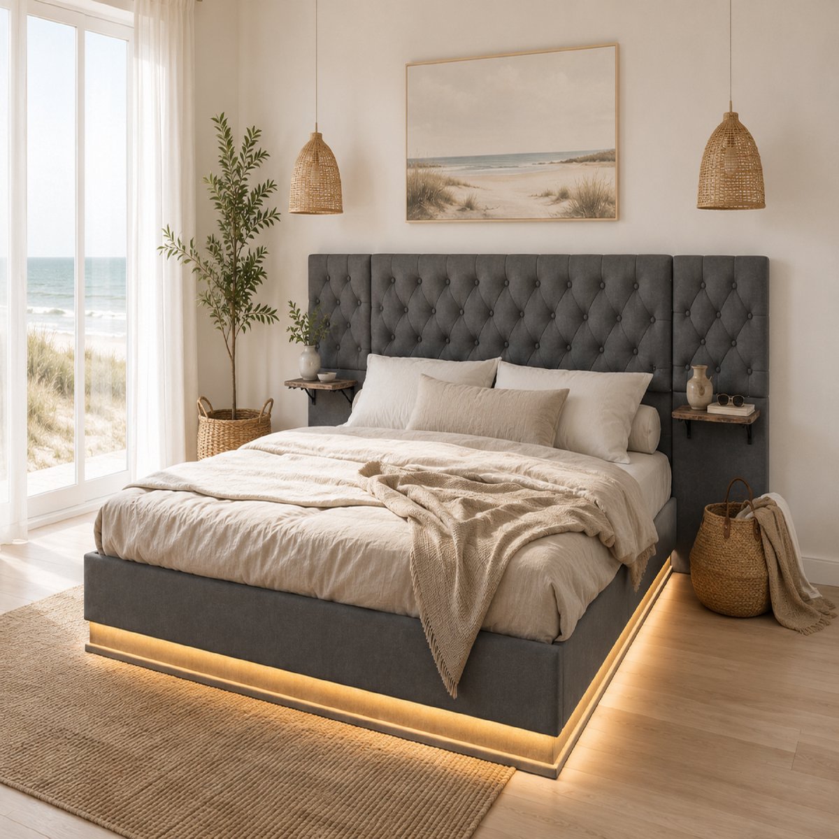 Hydraulisch Opbergbed 160x200cm Grijs Linnen met RGB LED Verlichting en Oplaadbare Nachtkastjes