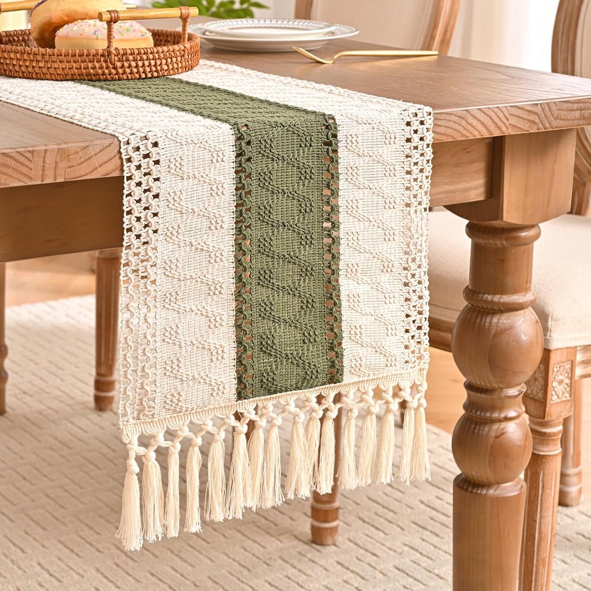 tafelloper Boho tafelkleed van katoen linnen, rustieke tafelkleed voor tafel, tweekleurige naden groen en beige, 30 x 180 cm voor bruiloften, huis, keuken
