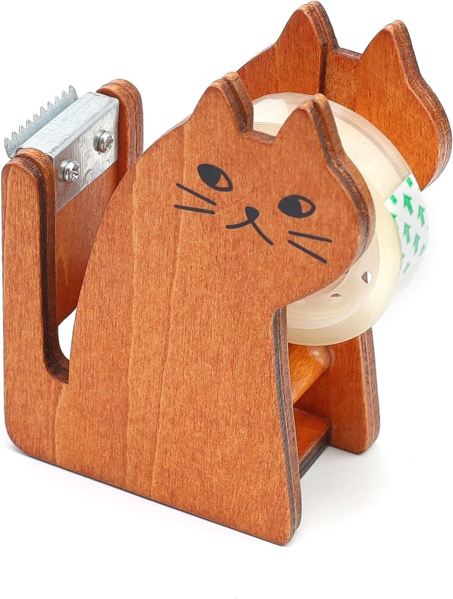 1 stuks kattenvormige tafeldispenser lindehout, vintage plakstrip, dispenser met 1 rol plakband, meegeleverd, creativiteit, kindercadeau, voor bureauaccessoires, doe-het-zelf