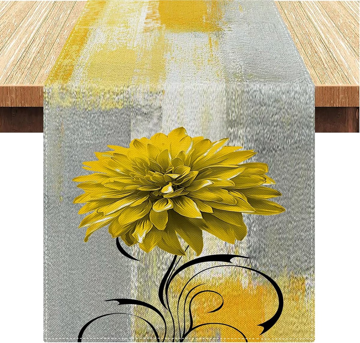 Tafelloper Kerstmis, linnen, geel en grijs, kunstschildering, linnen, boho, bloemen, herfst, voor feest, vakantie, keuken, banket, bruiloft, afwasbaar, 40 x 140 cm