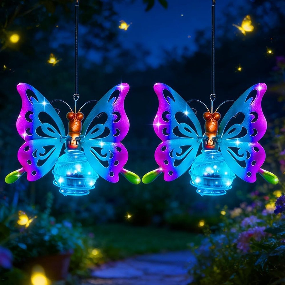 Vlinderlampen op zonne-energie, 2 stuks, kroonluchter op zonne-energie, vlinder, dierenlicht, zonnelampen voor buiten, decoratie, hangend, tuin, binnenplaats, terras