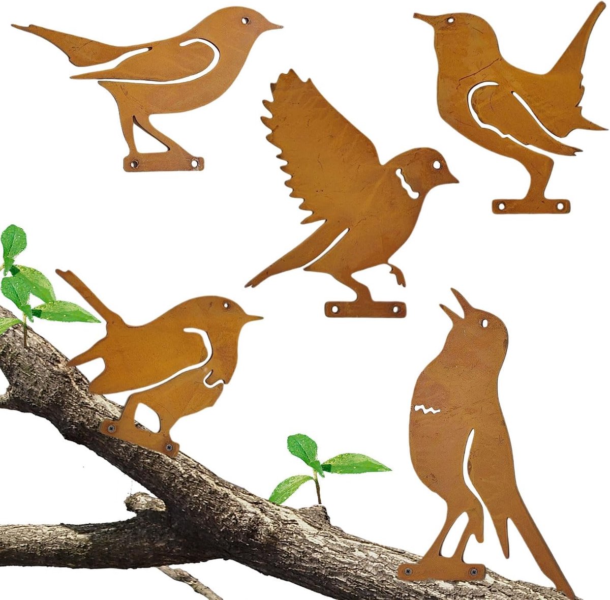 5 stuks roestige vogels, tuindecoratie, roestige tuindecoratie voor buiten, tuinsteker, roest, metalen decoratie, tuindecoratie, vogel voor tuin, patio, park, schutting, boom, tak