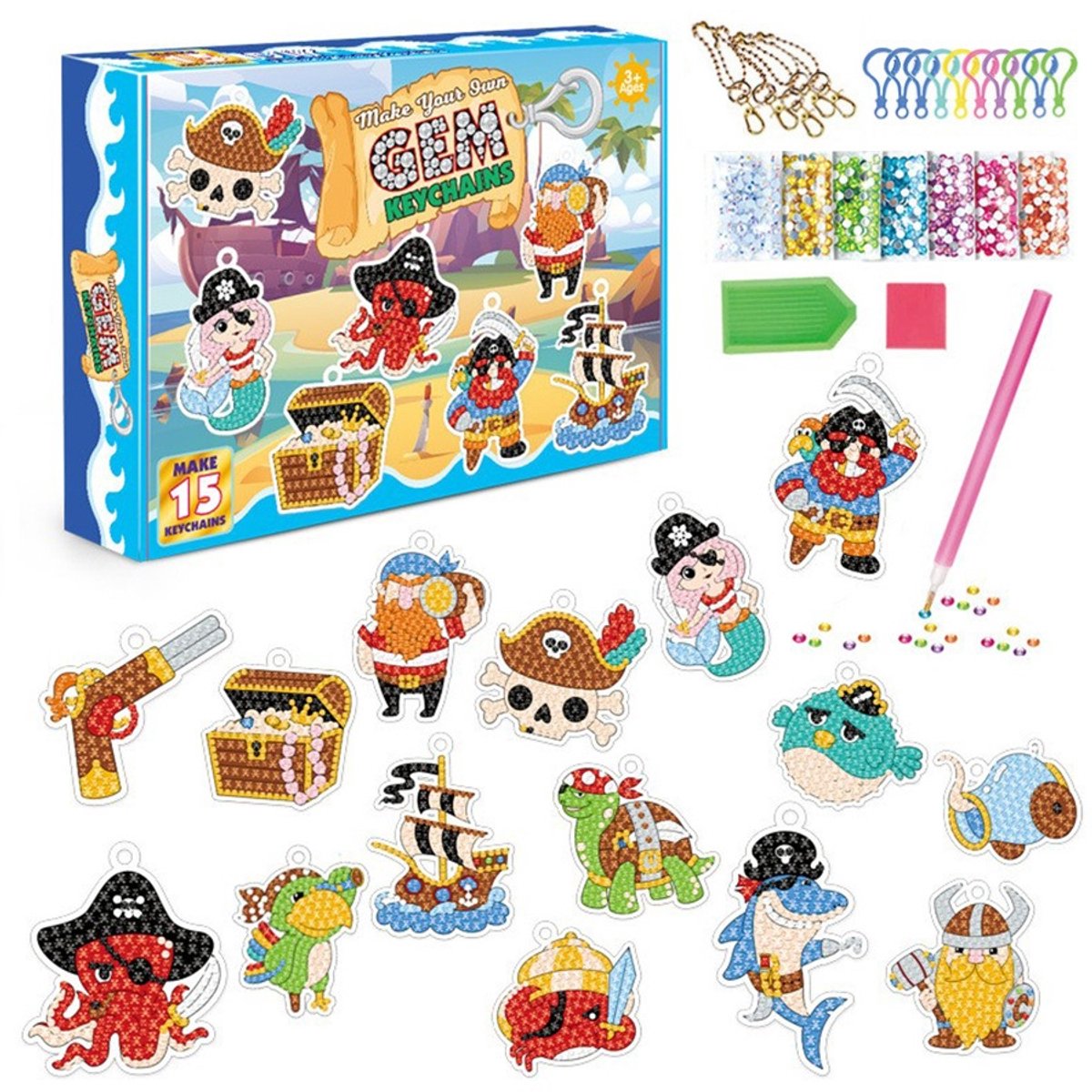 YYchan Diamond Painting Sleutelhanger - 15 Stuks DIY Knutselset - Compleet Decoratie Pakket - Creatief Cadeau - Voor Kinderen Vanaf 3 Jaar - Piraten