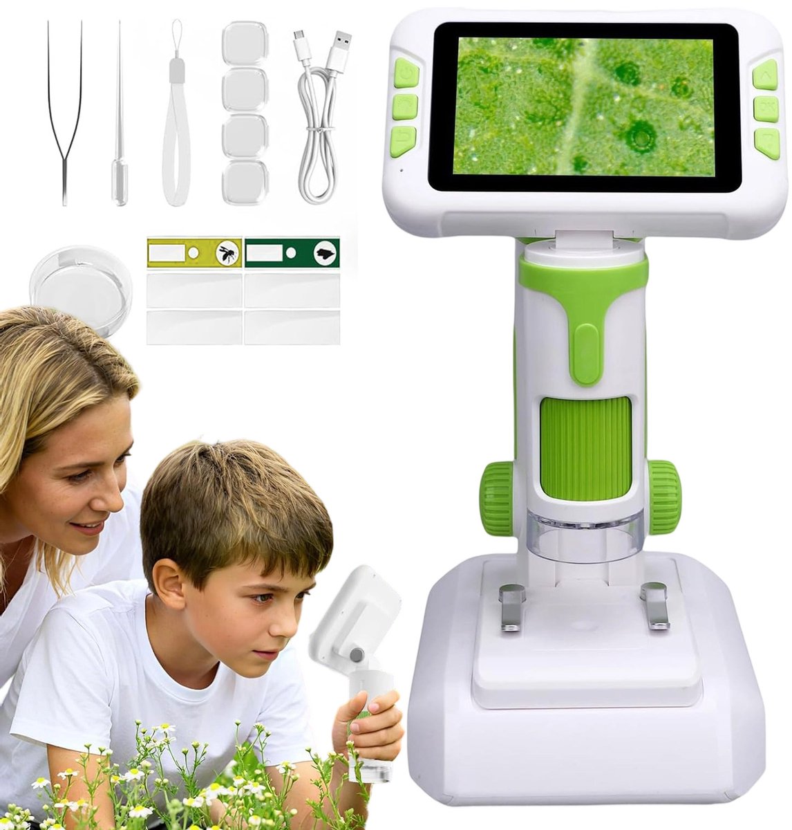 3 in 1 Kinder Microscoop - Handmicroscoop - Draagbaar - 100-1600x - 4 Inch IPS - 48MP - STEM - Voor Binnen en Buiten - Educatief Speelgoed