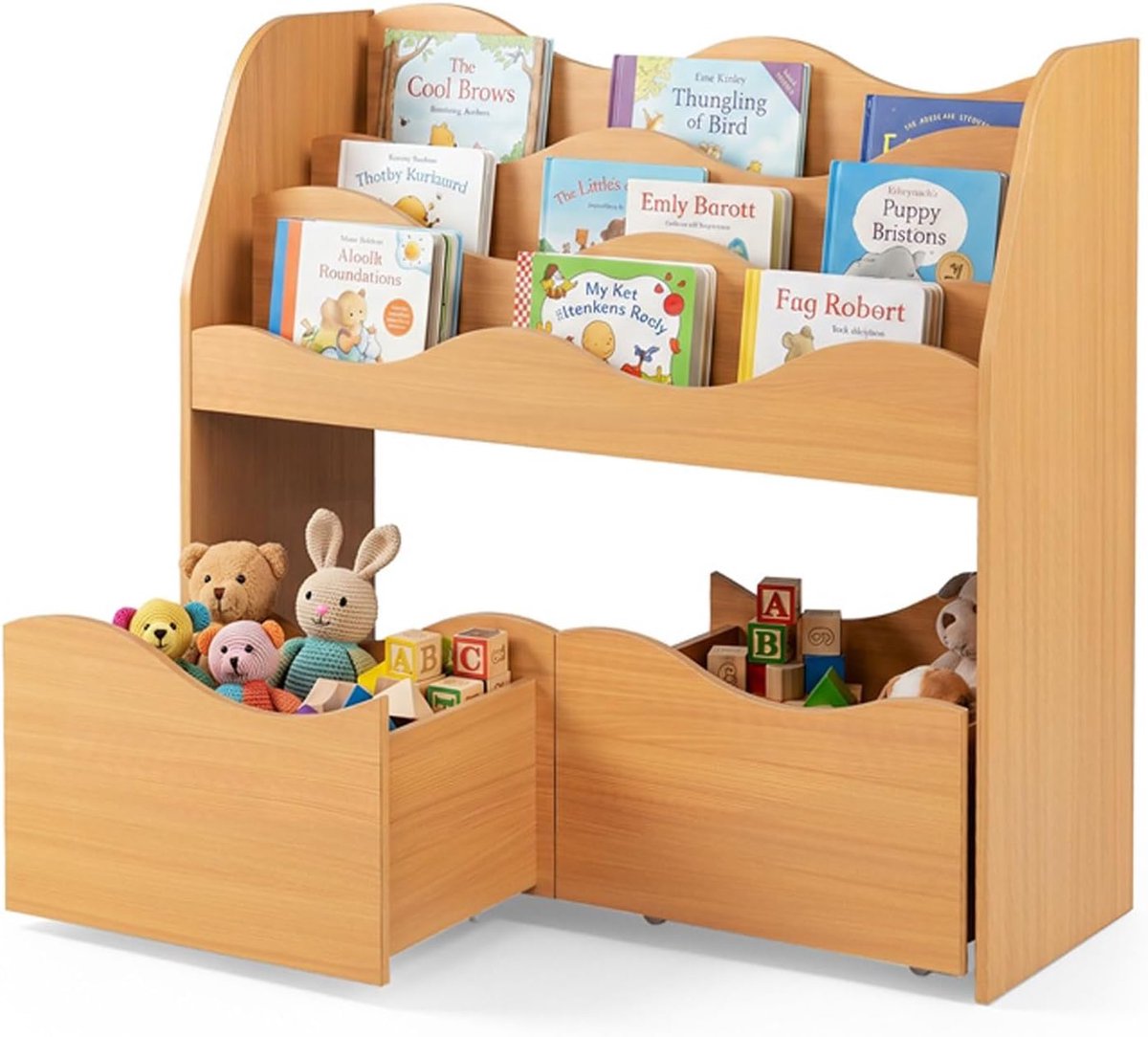 KOMFOTTEU Kinderkast met 2 lades en wielen – natuur houten speelgoed- en boekenrek in golfvorm – opbergmeubel voor kinderkamer