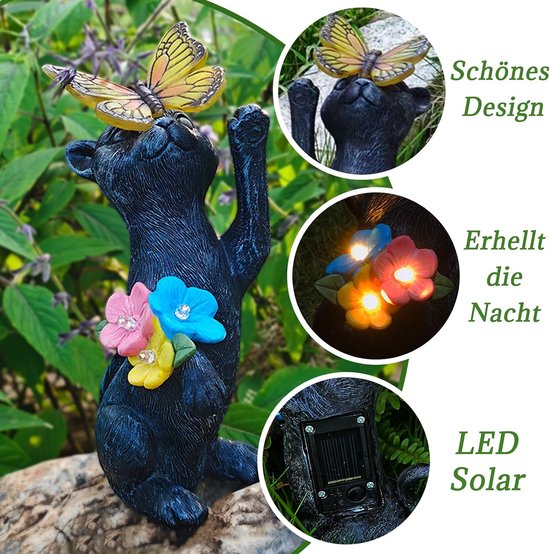 Solar Tuindecoratie Standbeeld - Welkom zwarte kat met vlinder met solar lantaarn hars beeldje, terras balkon tuin gazon buiten pop decoratie, housewarming geschenken van Solar — afbeelding 3