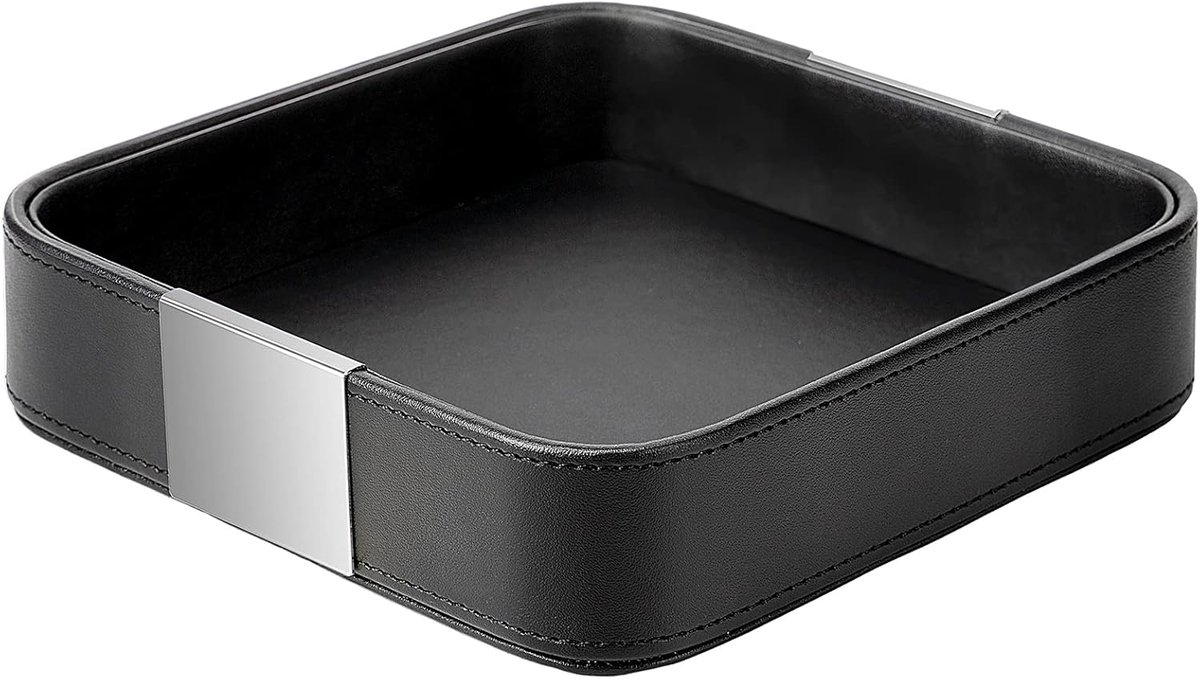 Luxe lederen desktopopslag, kleine catchall-organizer, decoratieve lade voor entryway-tafel om sieraden, horloge, cosmetica, sleutels, telefoon, portemonnee, thuis- en kantooraccessoires (zwart
