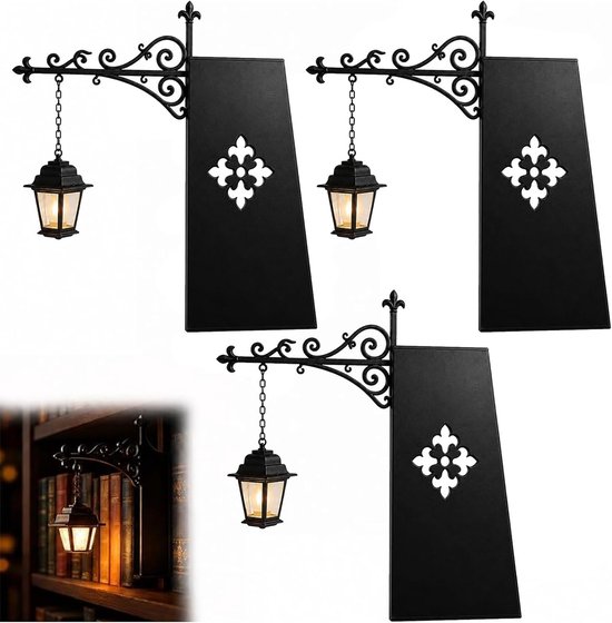 Foto: Bibliotheeklantaarn 3 stuks boekensteun metaal met vintage hanglamp retro leesnachtlampj decoratieve boekenhouders cadeau voor boekenliefhebbers zwart
