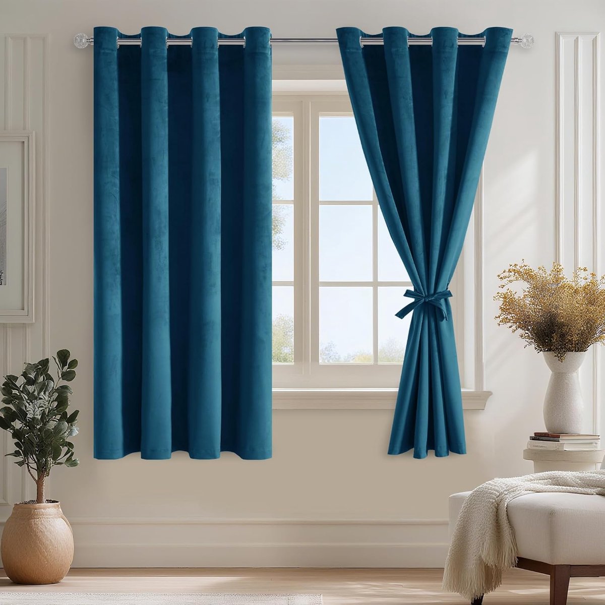 Marineblau Samtgordijn met ringen, set van 2 H145xB140cm, korte gordijnen met gordijn-dasjes, ondoorzichtige satijnen gordijnen voor slaapkamer woonkamer, prachtig zacht gordijn verduistering