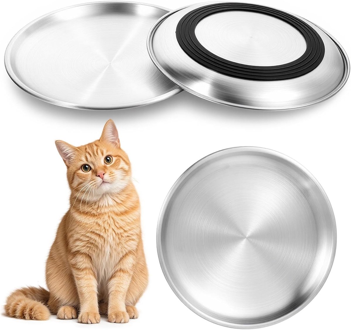 Set van 2 roestvrijstalen kattenvoerbakjes, 17 cm, met antislip siliconenstrips, platte voerbakjes, metalen kattenkom, voerbak en waterbak voor kittens en honden, voor droog en nat voer