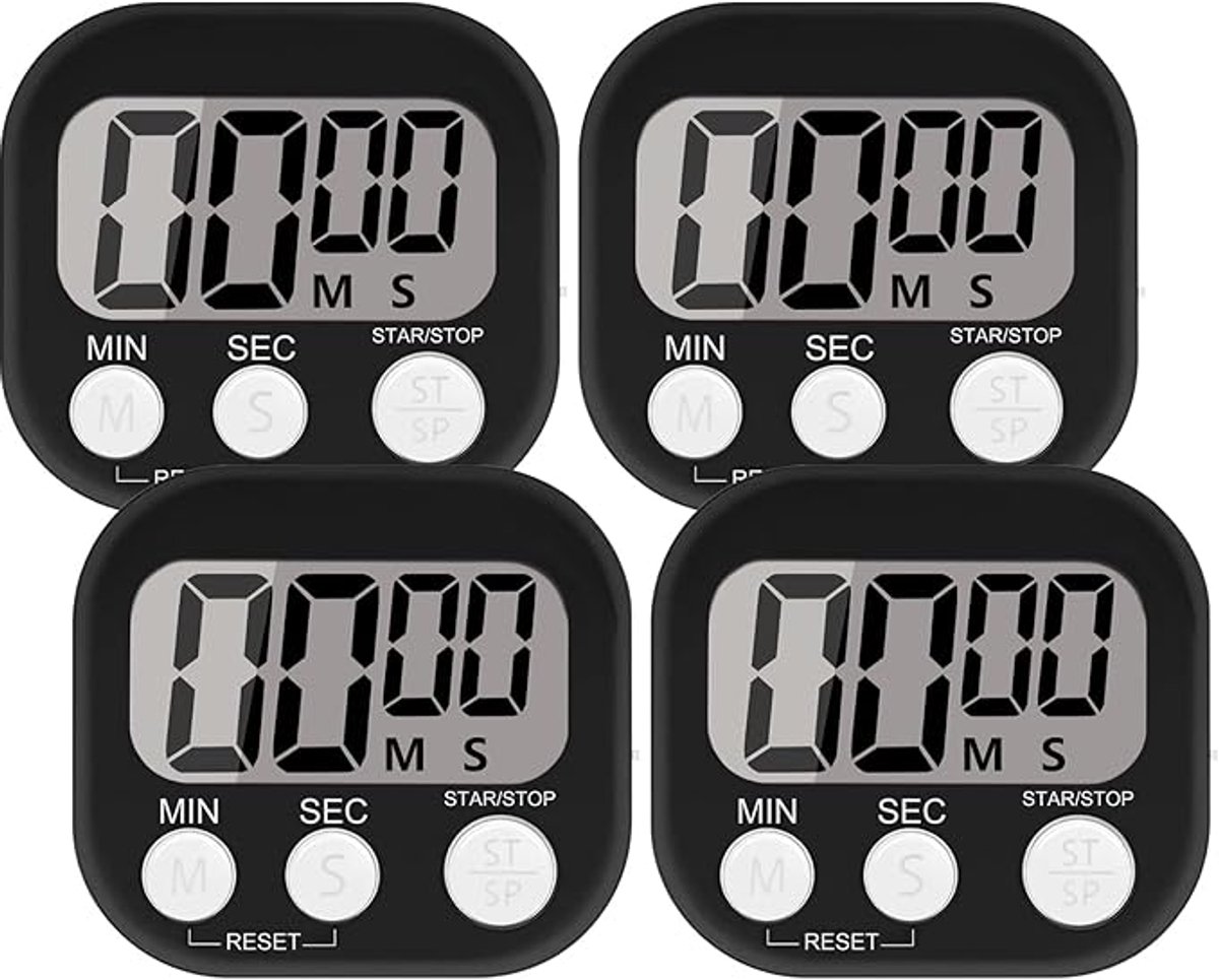 Keukenwekker met vier cellen en hoog volume, magnetische timer, groot lcd-scherm, kindertimer, geschikt voor leren, sporten en koken.