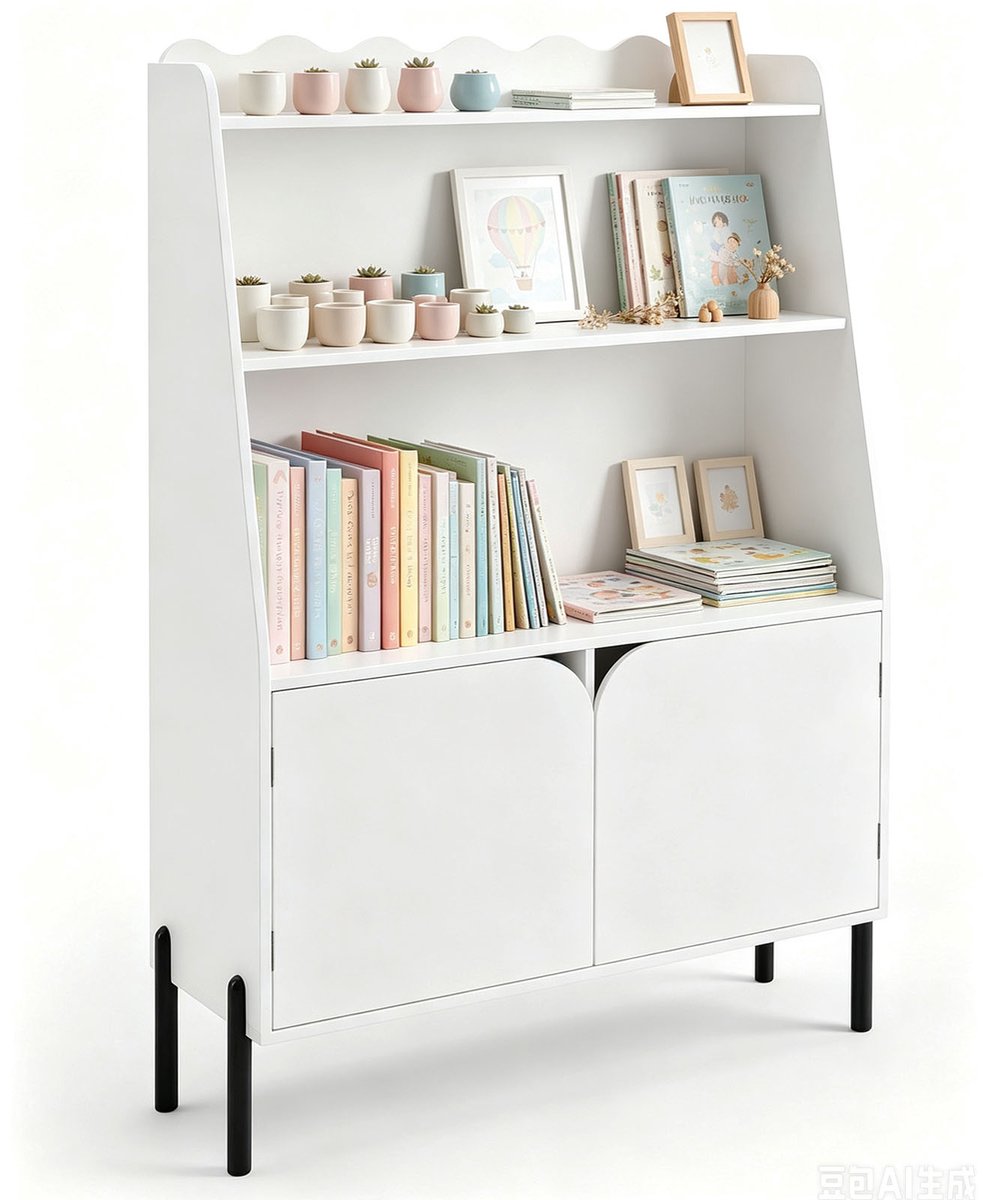KOMFOTTEU Kinderkast met 2 deuren en 3 open vakken – houten kinderboekenkast met golvend ontwerp en poten – Montessori speelgoedopberger voor kinderkamer