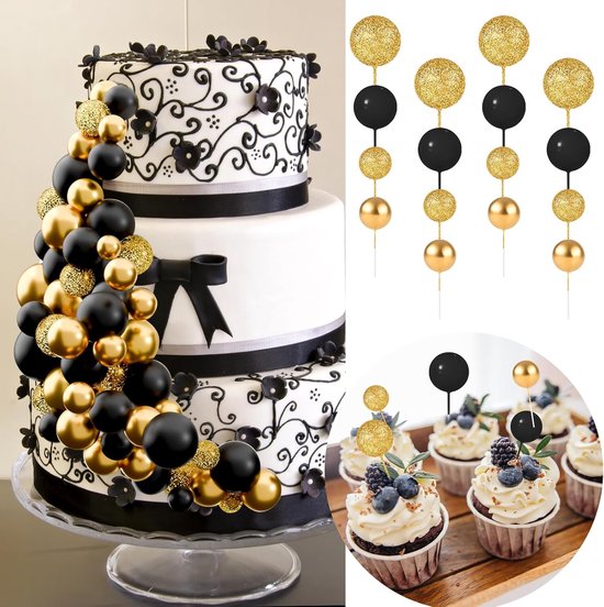 60 stuks, taarttoppers, mini-ballonnen, verjaardag, feest, babyshower (Glitter Zwart-Goud) — afbeelding 3