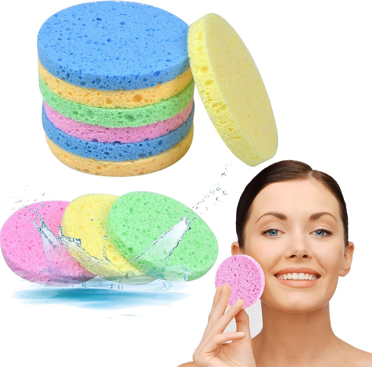 10 stuks gezichtswasspons, natuurlijke cellulose, gezichtsreiniging, sponsjes voor gezicht, spa, massage make-up remover (5 kleuren) (rond)