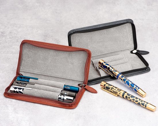 echt lederen vulpen case, 3 verdeelde slots, rits pen case pouch, handgemaakte display houder voor rollerball pen van echt — afbeelding 2