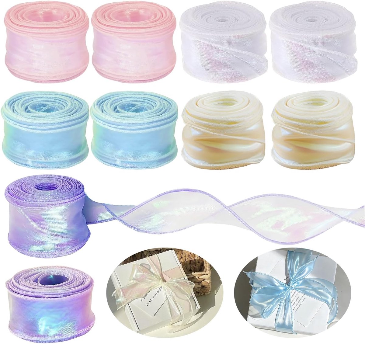 10 rollen visstaart tulband 4 cm x 9 m, satijnen lint, wit, blauw, roze, geel, paars, regenboogkleuren, glanzend, transparant, voor geschenken, corsetten en kunsthandwerk