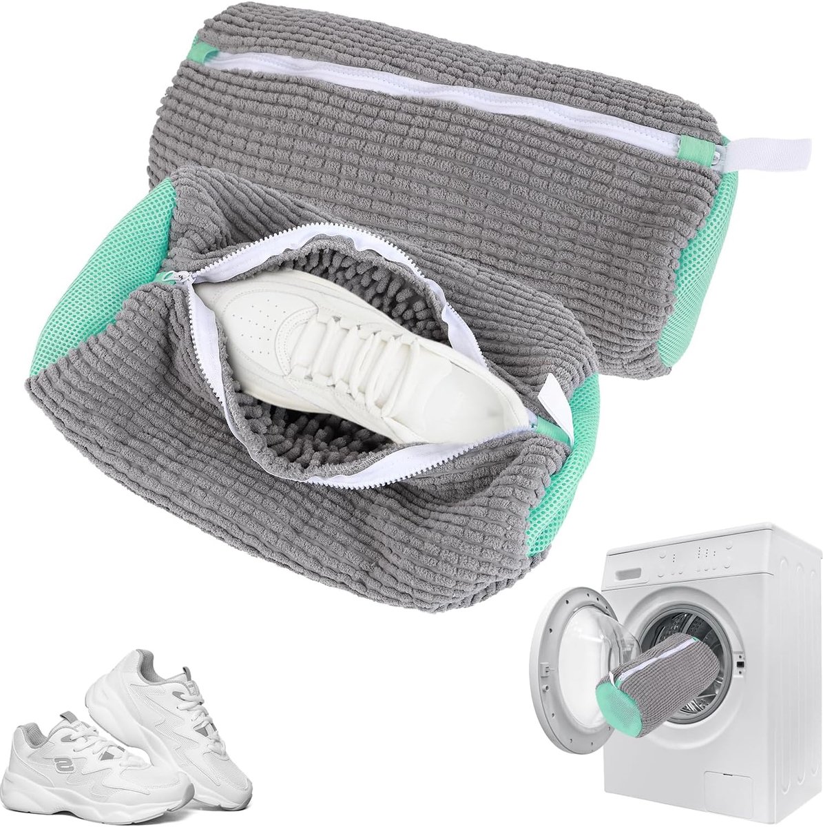 2 stuks zakken voor het wassen van schoenen, optimale bescherming en reiniging van je schoenen, 360 graden reinigen van de schoenen in alle richtingen, met pluisjes (grijs)
