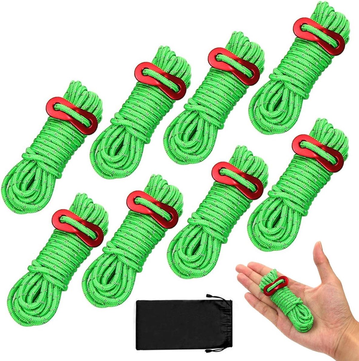 8 stuks reflecterende scheerlijnen voor tent, lichte scheerlijn tentkoord met aluminium kabelspanner, groene tentlijn, spanlijn, ideaal voor camping, zonnezeil, tent (Ø 4 mm x lengte 4 m)