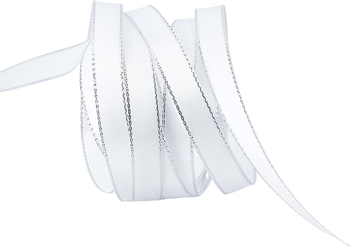 100 yards Wit Lint Met Zilveren Rand 0,39 inch Brede Dubbelzijdige Metallic Geweven Linten Decoratieve Rand Van Polyester Ripslint Voor Taart En Geschenkverpakkingen