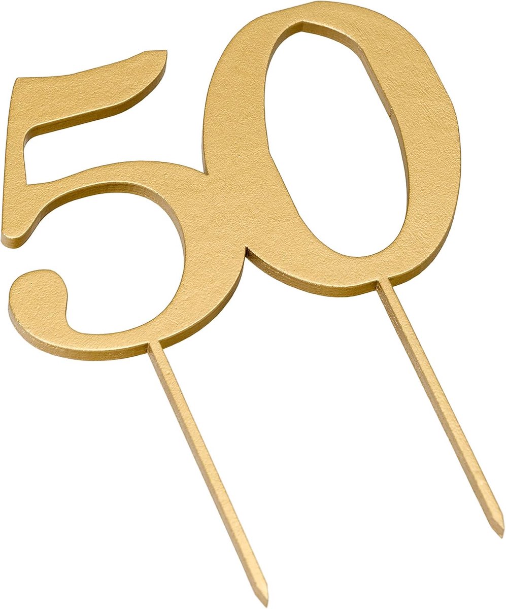 Houten Taart Topper, 50, Goud, 12 x 17 cm, 2