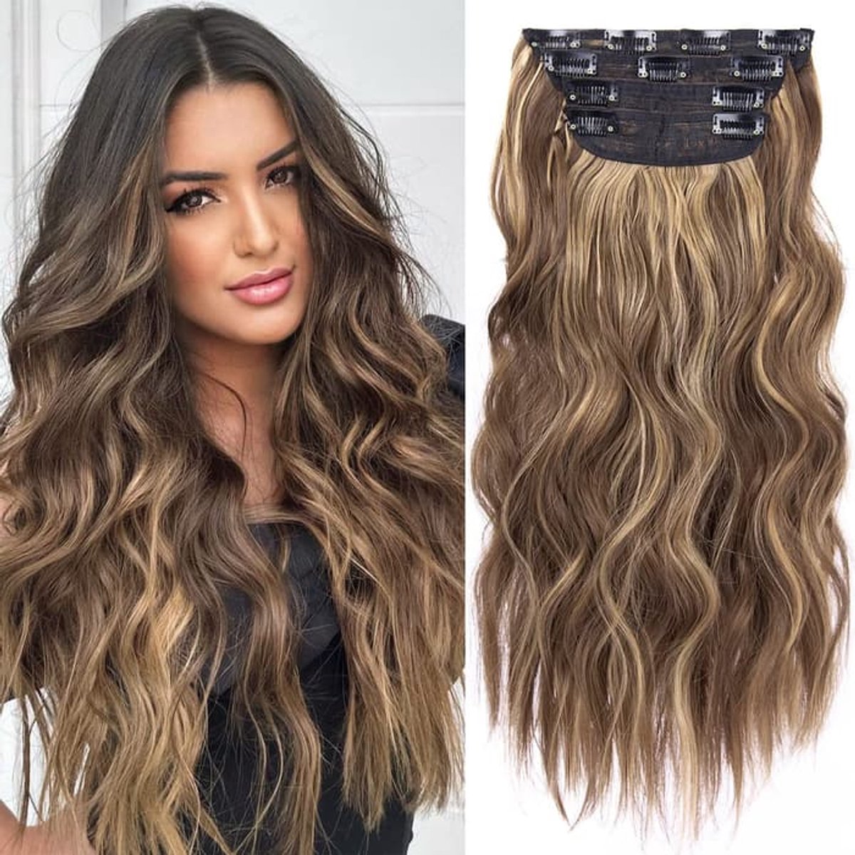 Clip-on haarextensies, lichtgoud gemengd met lichtbruin, 50 cm lang, golvende synthetische haarextensies