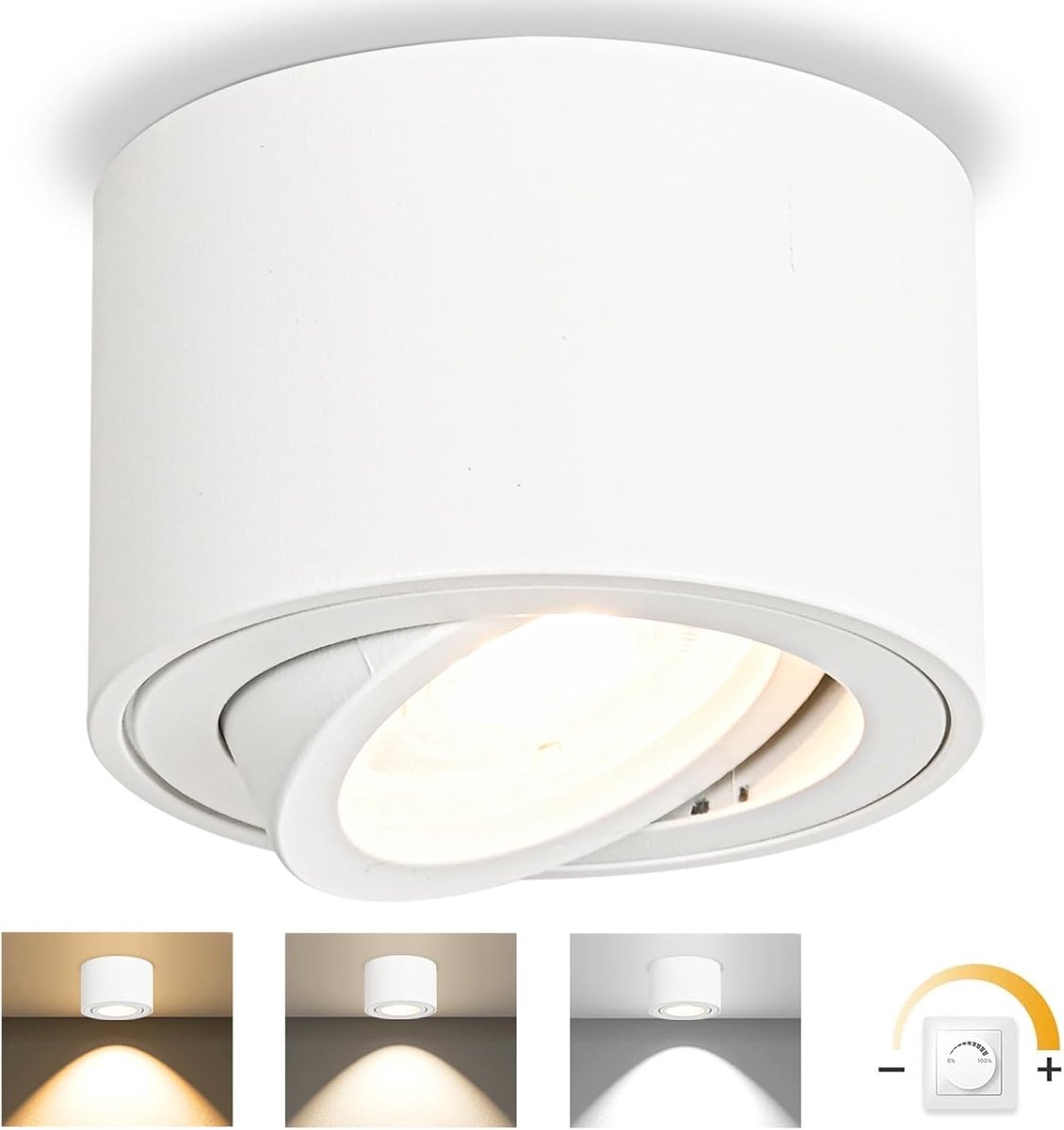 3CCT LED opbouwspot Wit - Extra vlak & 30° draaibaar - Ø80x50mm opbouw plafondlamp - 5W dimbaar module 230V - Plafondspots, plafondspot, opbouwspot